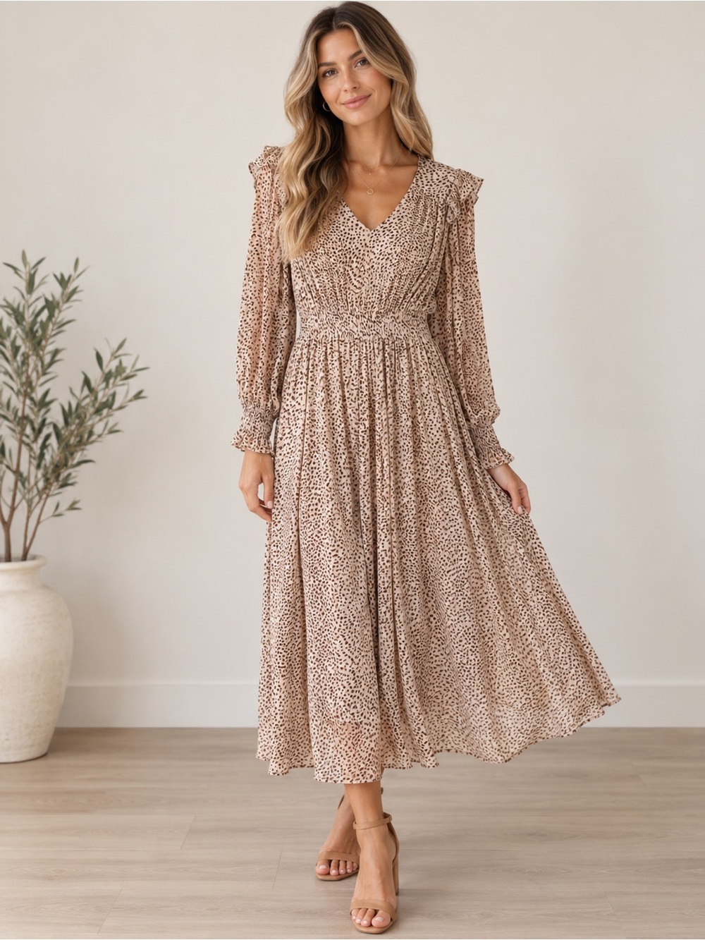 Carly Jean Los Angeles pink spotted smocked maxi dress